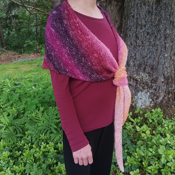 Hand Crafted Handknit Maroon Multicolor Gradient Asymmetrical Shawl OSFM - Picture 4 of 8